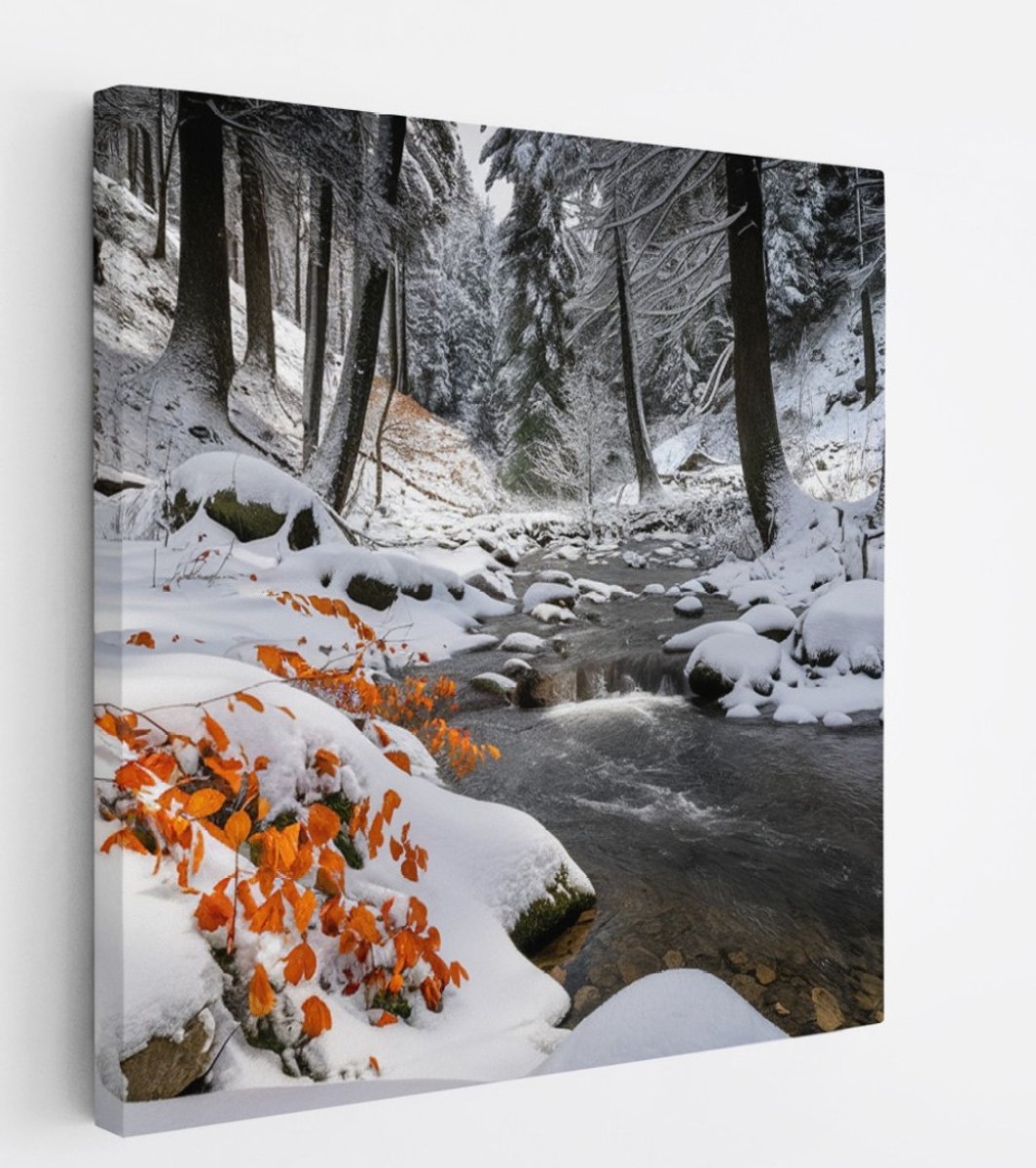 Saammp Canvas Schilderij - Beekje in de winter - Bloemen - Landschap - Natuur - 40x40 - Foto op canvas - Wanddecoratie - Muurdecoratie Woonkamer - Slaapkamer decoratie - Canvas Print Multicolor