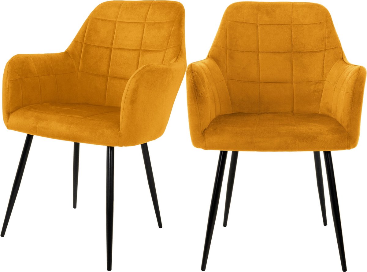 ml-design ECD Germany set van 2 eetkamerstoelen met rugleuning en armleuningen, oker, keukenstoelen met fluwelen bekleding en metalen poten, ergonomische stoelen voor eettafel, woonkamerstoelen Geel