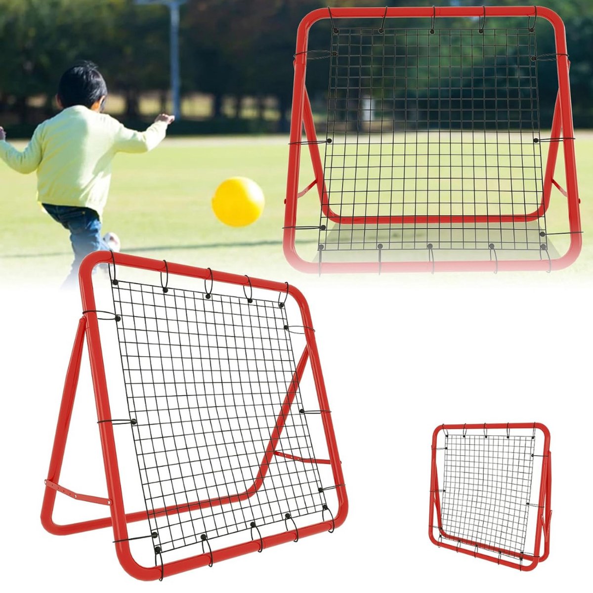 Rebounder voetbal - Rebounder – Stuitbaltrainer – Verstelbaar – 5 Standen – Bouncer – Trainingsmateriaal - 100 x 100 x 65 cm - Rood