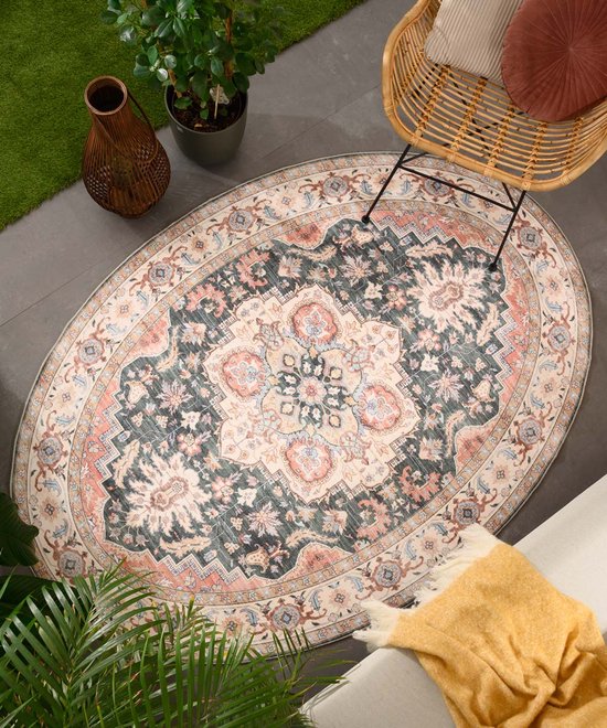 Tapis d'extérieur ovale Vintage - Valenca Fino vert/rouge 230x330 cm