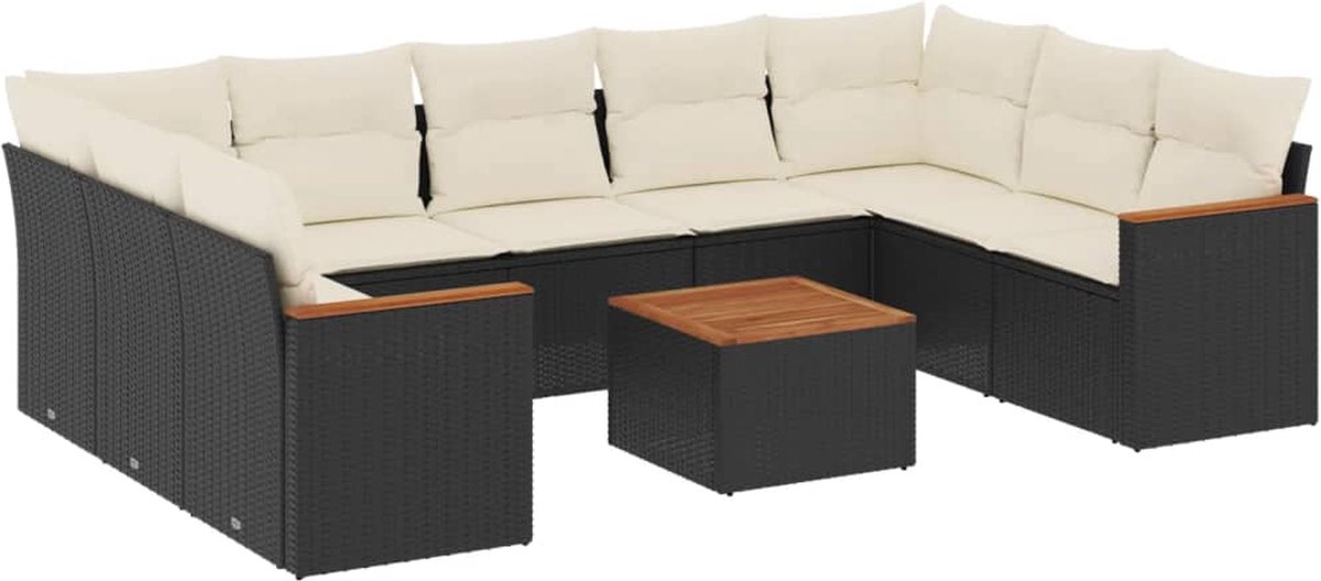 The Living Store 10-delige Loungeset met kussens poly rattan zwart - Loungebank - Tuinbank - Lounge Set - Buitendiner - Outdoor Furniture