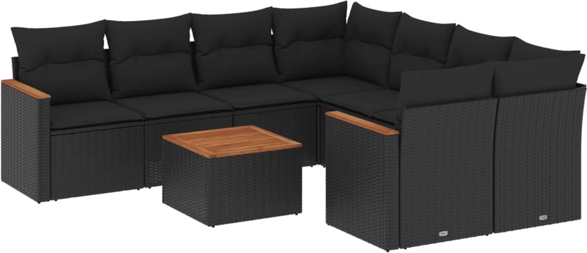 The Living Store 9-delige Loungeset met kussens poly rattan zwart - Loungebank - Lounge Set - Buitendecoratie - Tuinmeubels - Loungestoel