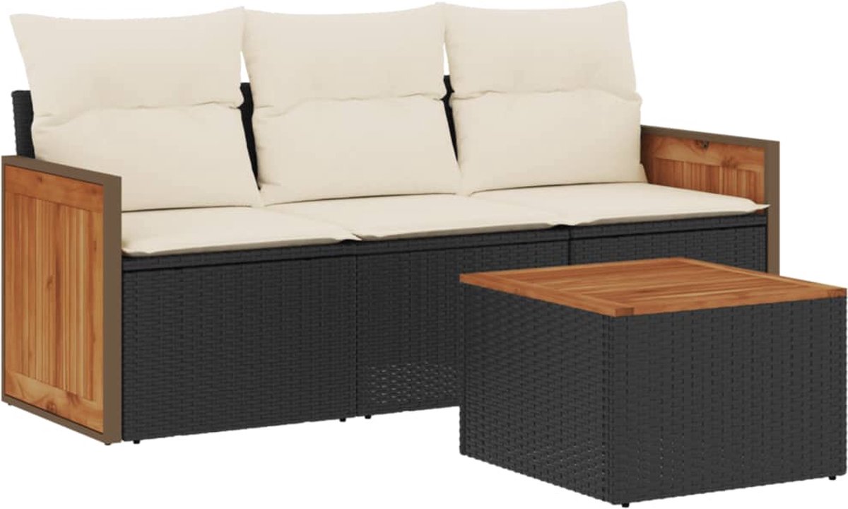 Zwarte poly rattan loungeset met kussens voor buitenmeubilair - The Living Store.