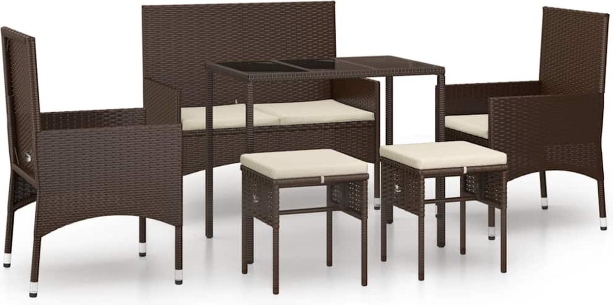 The Living Store 6-delige Loungeset met kussens poly rattan bruin - Loungeset - Lounge Set - Tuinlounge - Buitensalon - Loungebank