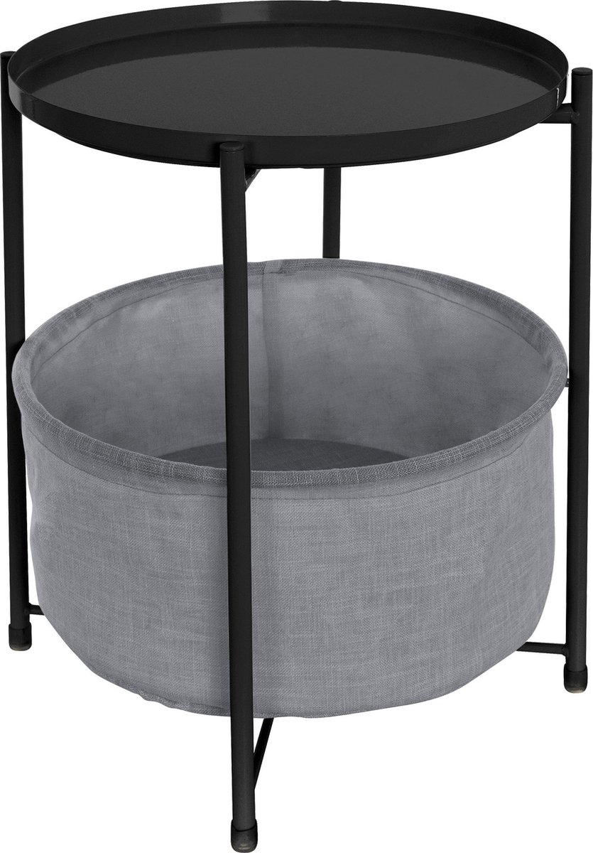 ml-design bijzettafel rond Ø 45,5 x H52,5 cm, zwart, gemaakt van metaal, salontafel met stoffen mand & afneembaar dienblad, salontafel met opbergruimte, kleine tafel, woonkamertafel, nachtkastje