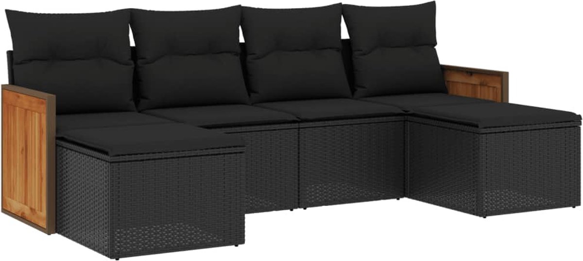 Poly rattan zwarte loungeset met kussens voor buiten - The Living Store.