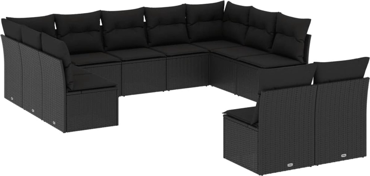 The Living Store 11-delige Loungeset met kussens poly rattan zwart - Tuinmeubles - Lounge Set - Tuinset - Buitendecoratie - Outdoor Furniture