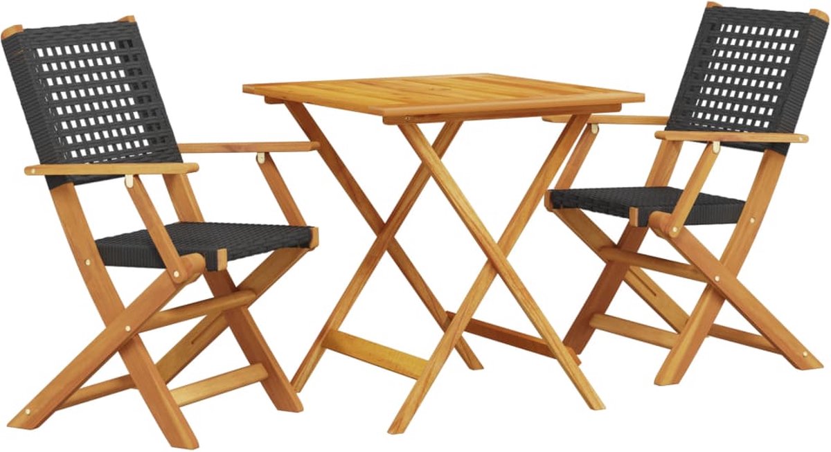 The Living Store 3-delige Bistroset poly rattan en massief hout zwart - Tuinsets - Bistroset - Buitentafels - Tuintafel - Tuinstoelen