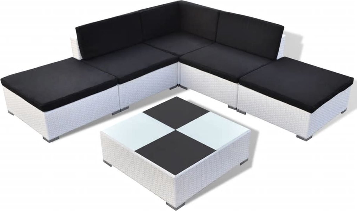 The Living Store 6-delige Loungeset met kussens poly rattan wit - Witte Lounge Set - Rattan Loungeset - Buitendecor - Tuinmeubel - Loungebank