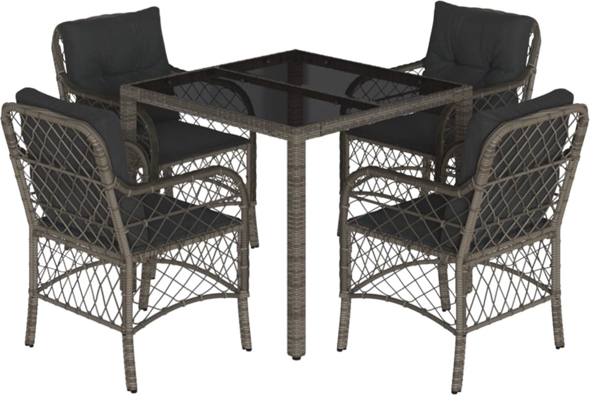 Grijze poly rattan tuinset met kussens - modern design voor buitenlounges.