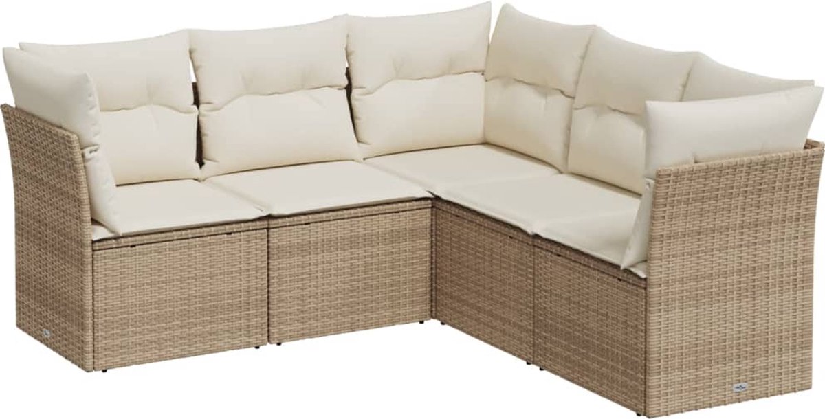 The Living Store 5-delige Loungeset met kussens poly rattan beige - Loungebank - Lounge Set - Tuinset - Buitendecoratie - Tuinbank