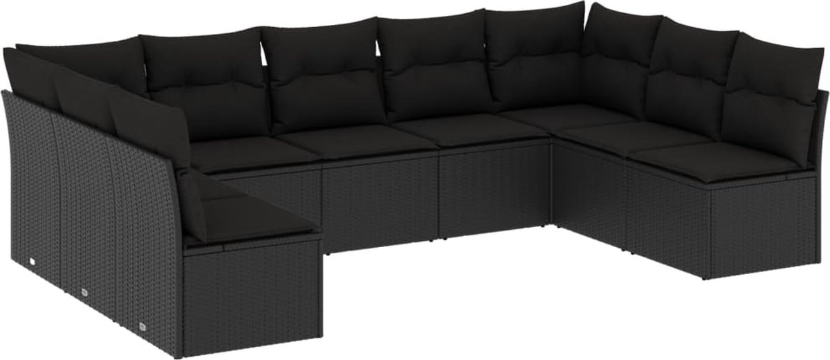 Zwarte poly rattan loungeset met kussens voor buiten, 9-delig.
