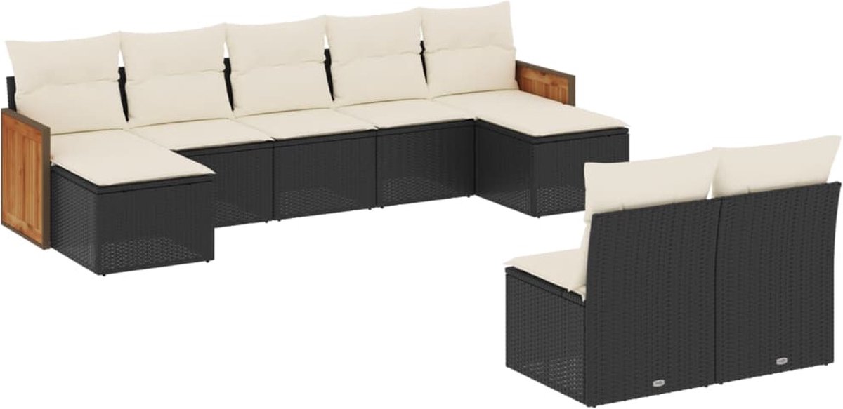 Zwart poly rattan loungeset met kussens voor buiten - The Living Store.