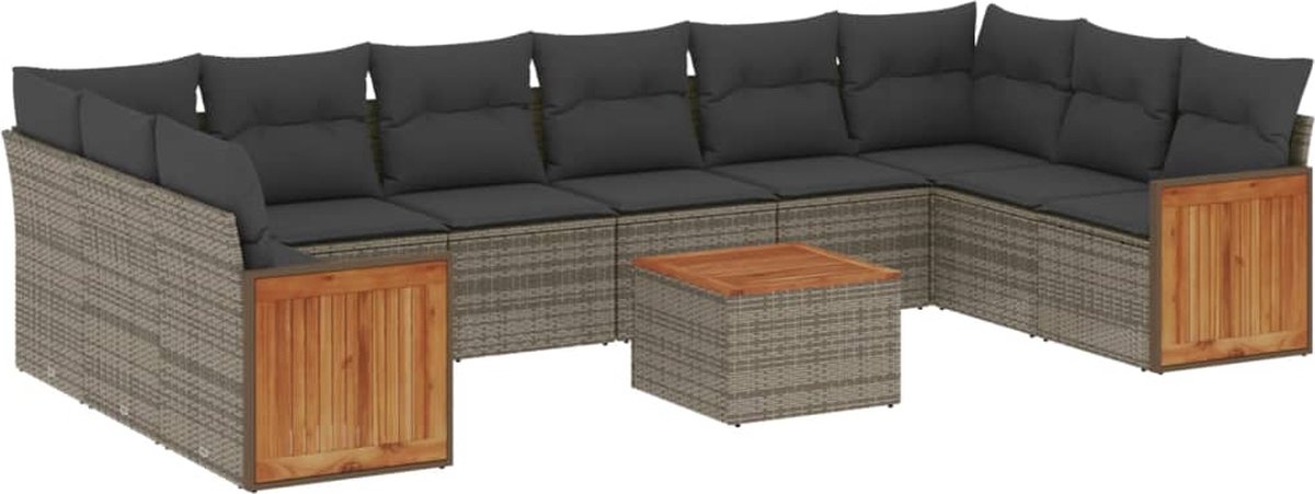 The Living Store 11-delige Loungeset met kussens poly rattan grijs - Loungeset - Loungemeubels - Buitendecoratie - Tuinmeubelen - Pe Rattan