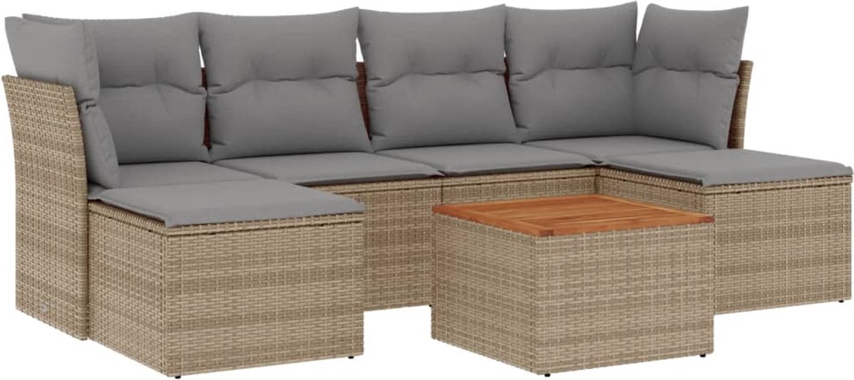 7-delige beige poly rattan loungeset met kussens - Tuin Lounge Set