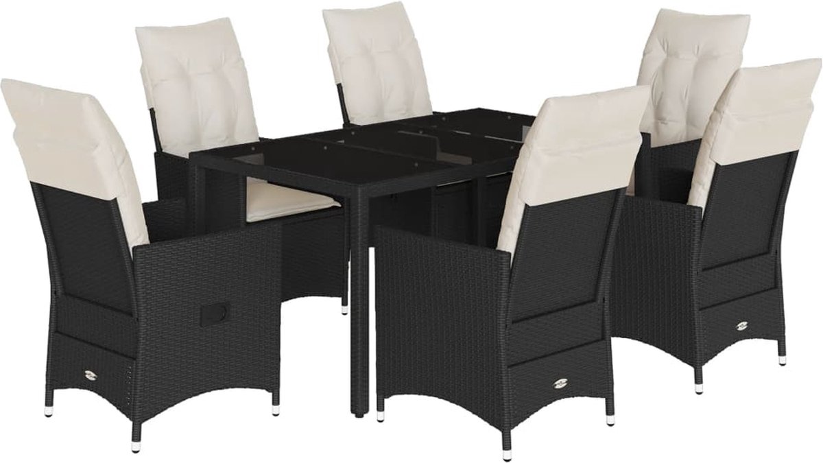 Zwarte poly rattan tuinset met kussens en moderne uitstraling.
