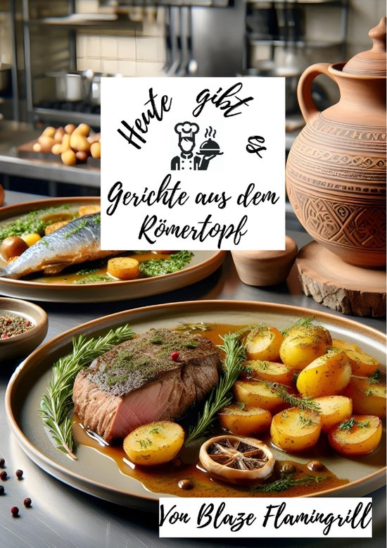 Een perfect gegrild biefstuk met aardappelen en citroen, vergezeld van een hele vis op een bord. Tekst: Heute gibt es Gerichte aus dem Römertopf Von Blaze Flamingrill.