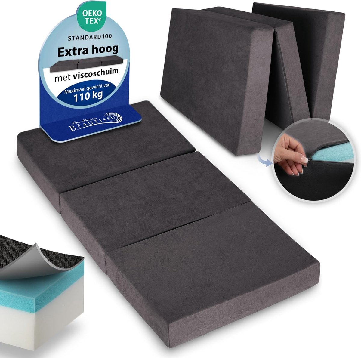 Beautissu VS95 Premium Opvouwbaar Matras XL 100x200cm Extra Dik 14cm Traagschuim Vouwmatras H3 Wasbar Eenvoudig Transport Antraciet