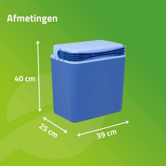 Blauwe koelbox met afmetingen 39x25x40cm.