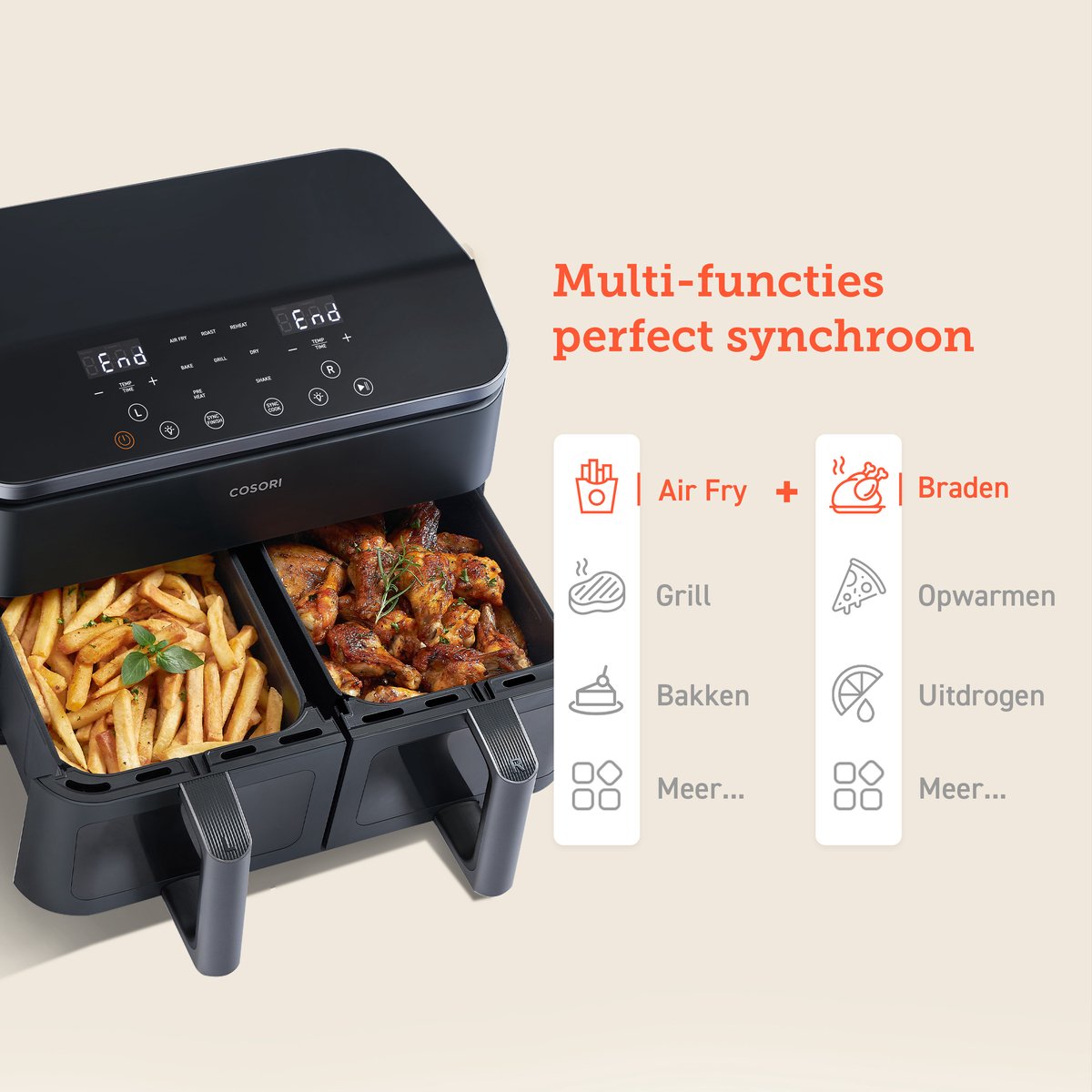 Afbeelding 2 van Cosori XXL Dual Basket airfryer - 8.5L inhoud - 2 Gelijke Manden - 6 Programma's - Met Venster - Zwart