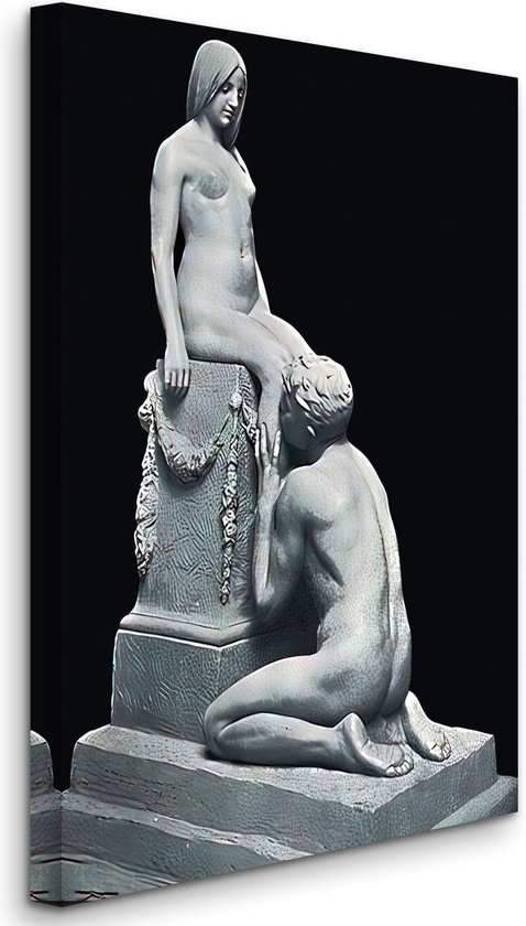 Une toile représentant une statue d'un homme agenouillé devant une femme assise sur un piédestal orné de fleurs.