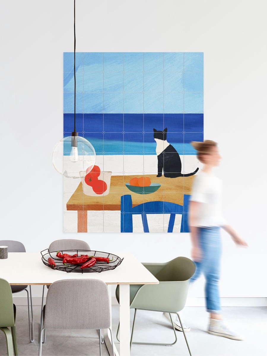 IXXI Cat at Lunch, Henry Rivers - 80 x 100 cm - Gratis ophangtool - Grote wanddecoratie en posters - Speels, Kleurrijk, Illustraties, Minimalisme