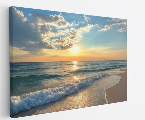 Canvas schilderij van een zonsondergang aan zee, met opkomende golven en een zandstrand.
