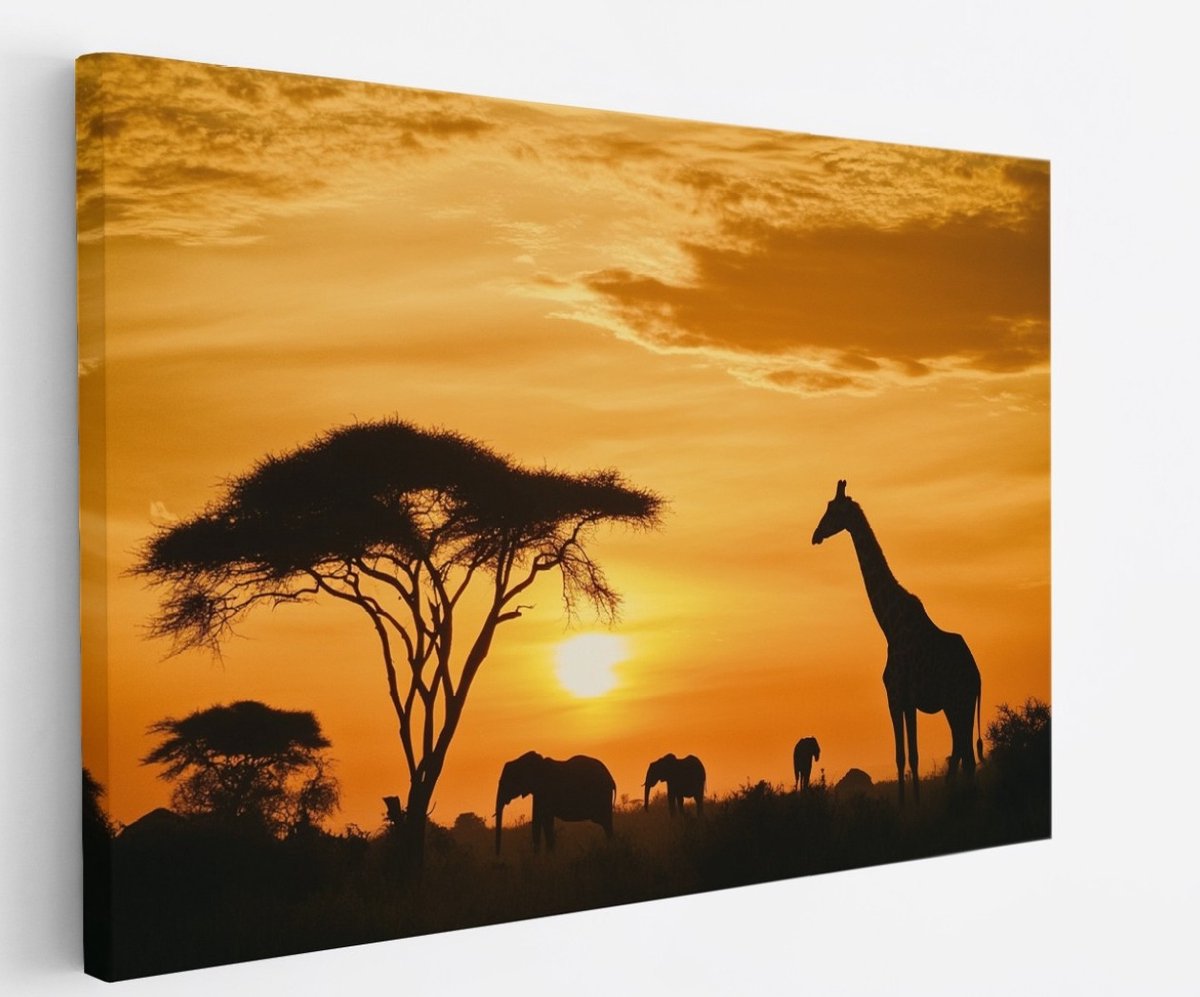 Saammp Canvas Schilderij - Olifanten silhouet - Dieren - 150x100 - Foto op canvas - Wanddecoratie - muurdecoratie Woonkamer - Slaapkamer decoratie - Canvas Print Multicolor