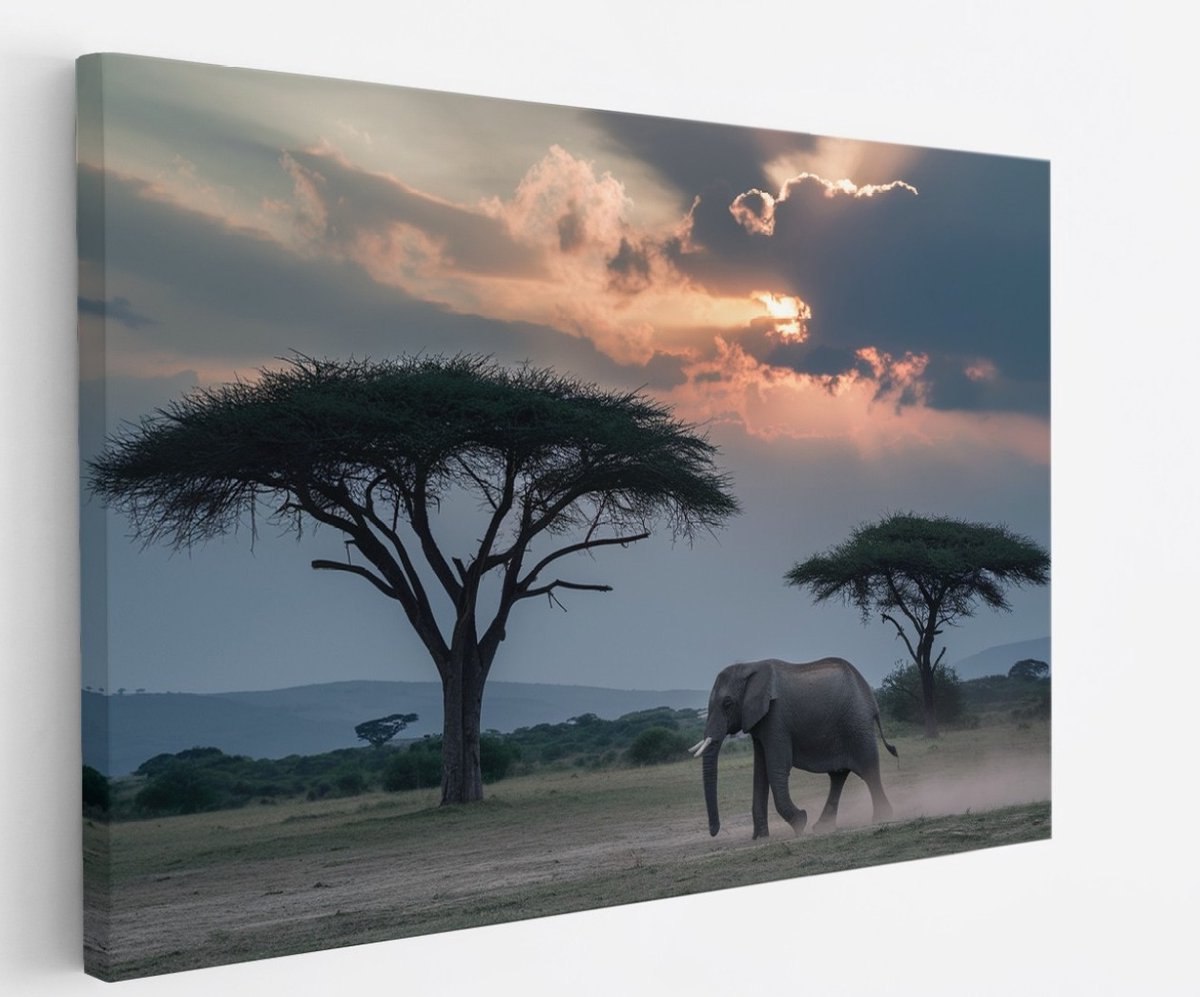 Saammp Canvas Schilderij - Olifant - Savanne - Dieren - 45x30 - Foto op canvas - Wanddecoratie - muurdecoratie Woonkamer - Slaapkamer decoratie - Canvas Print Multicolor