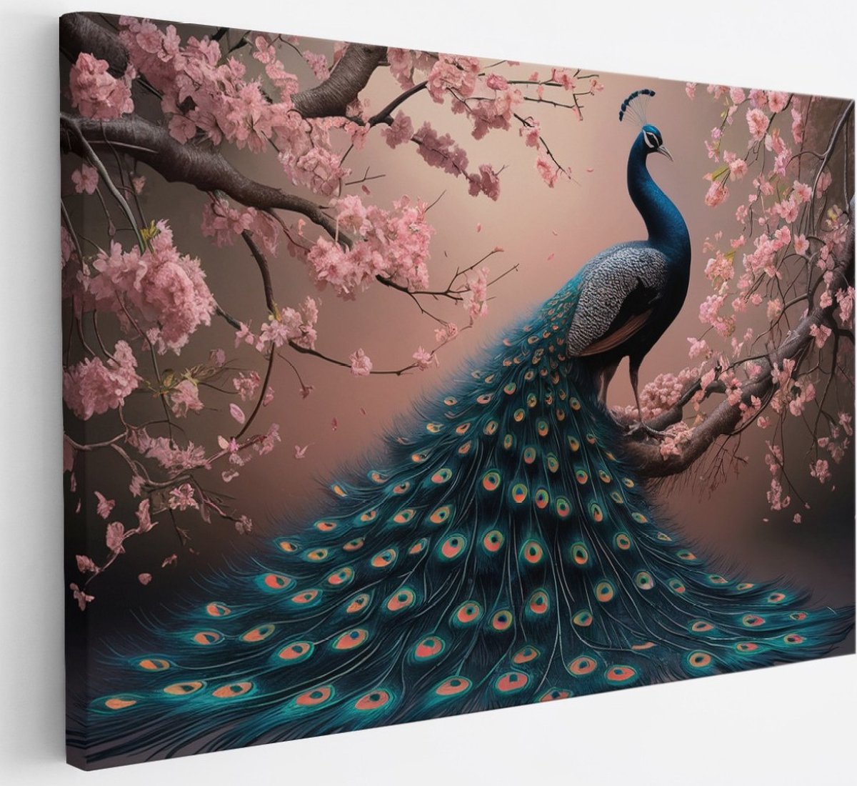 Saammp Canvas Schilderij - Pauw tussen de roze bloesem - Dieren - Natuur - 30x20 - Foto op canvas - Wanddecoratie - muurdecoratie Woonkamer - Slaapkamer decoratie - Canvas Print Multicolor