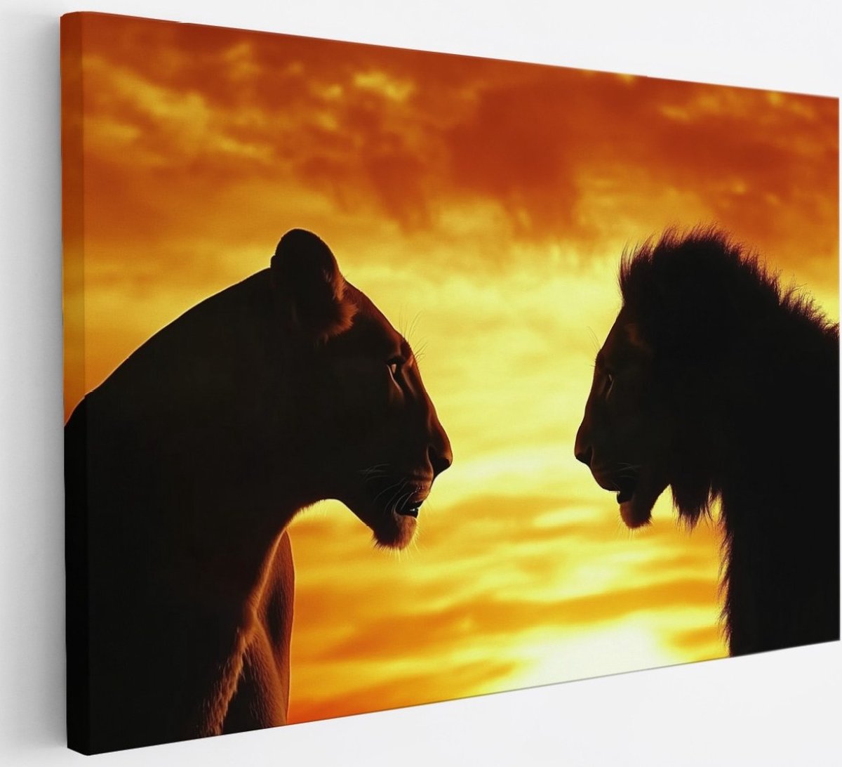 Saammp Canvas Schilderij - Leeuwen - Zonsondergang - Oranje - Natuur - Dieren - 30x20 - Foto op canvas - Wanddecoratie - muurdecoratie Woonkamer - Slaapkamer decoratie - Canvas Print Multicolor