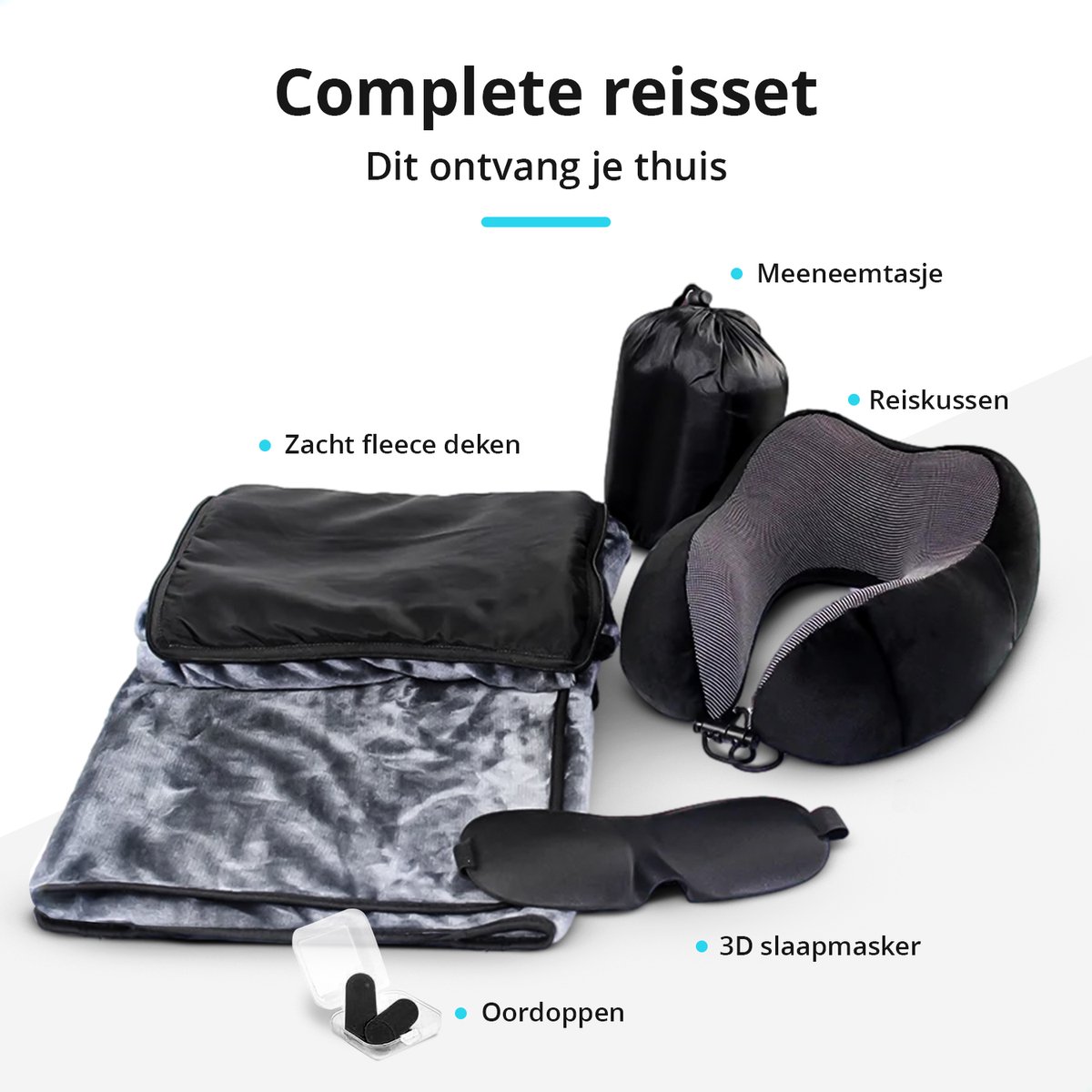 GoGoods® Reiskussen - Luxe Nekkussen Set - Vliegtuig - Auto - Traagschuim - Met Oordoppen, Oogmasker en Fleece Deken — afbeelding 8