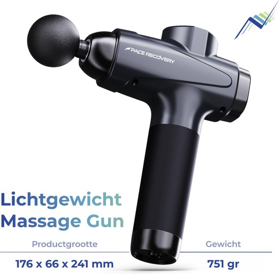 Zwarte, lichtgewicht massage gun met ronde opzetkop. Tekst: 'Lichtgewicht Massage Gun. Gewicht: 751 gr'.