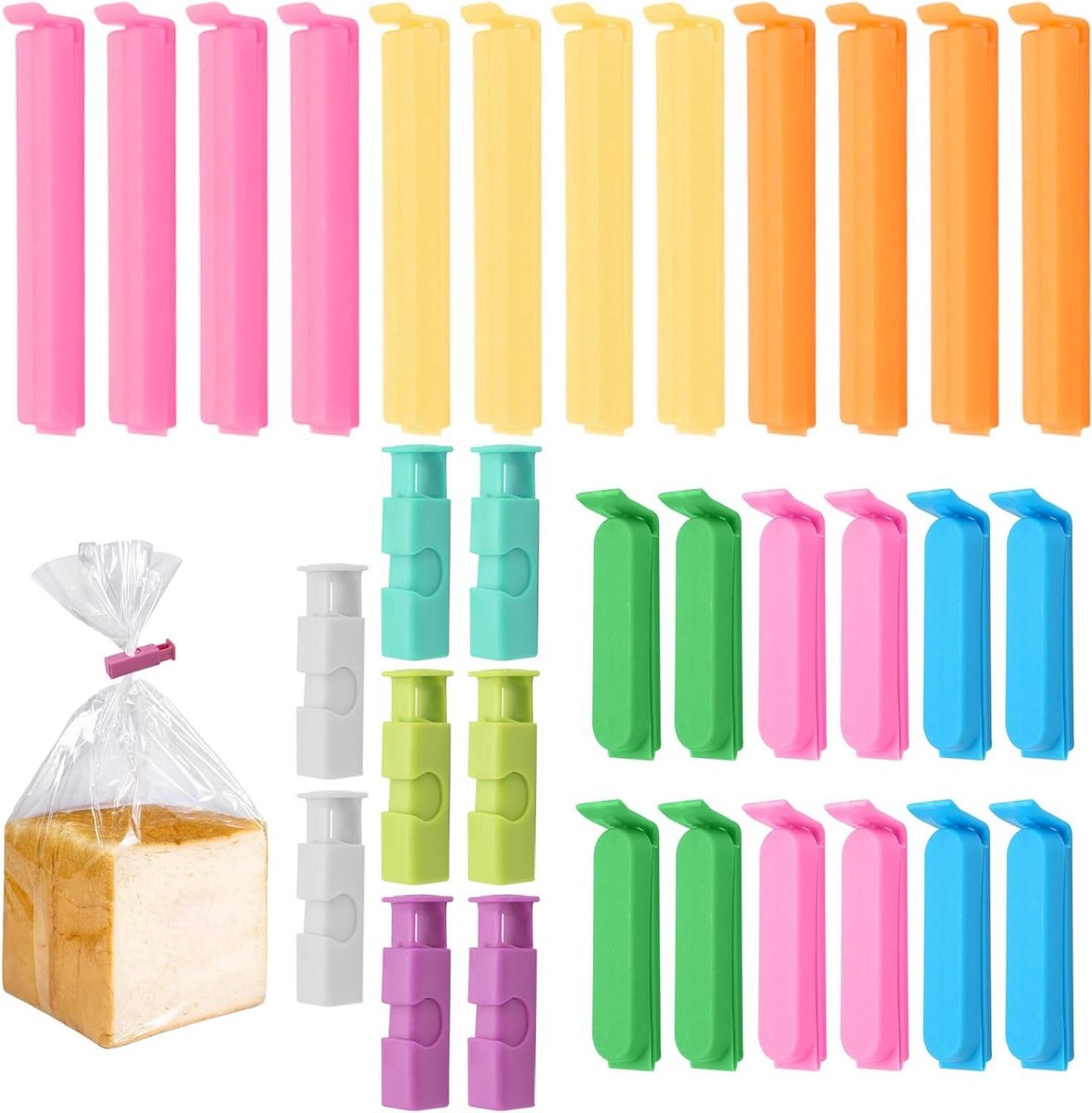 32 stuks 7-11 cm lange kunststof zakclips - kleurrijk diepvrieszakclips - set met inhoud in html .