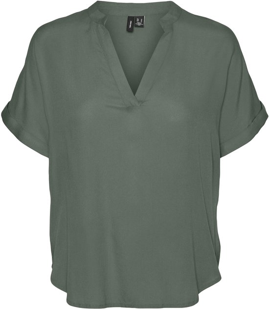 Dames Top Casual Splitneck omgeslagen Mouwboorden Blouse Korte mouw