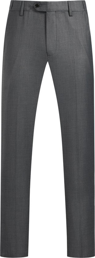 Voorkant van een grijze kostuum broek met knoopsluiting en nette afwerking.