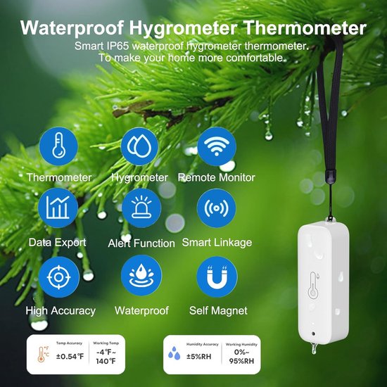 Slimme hygrometer thermometer: waterdichte vocht- en temperatuursensor met app-alarmmelding, zelfmagnetische wifi-sensor voor binnen en buiten