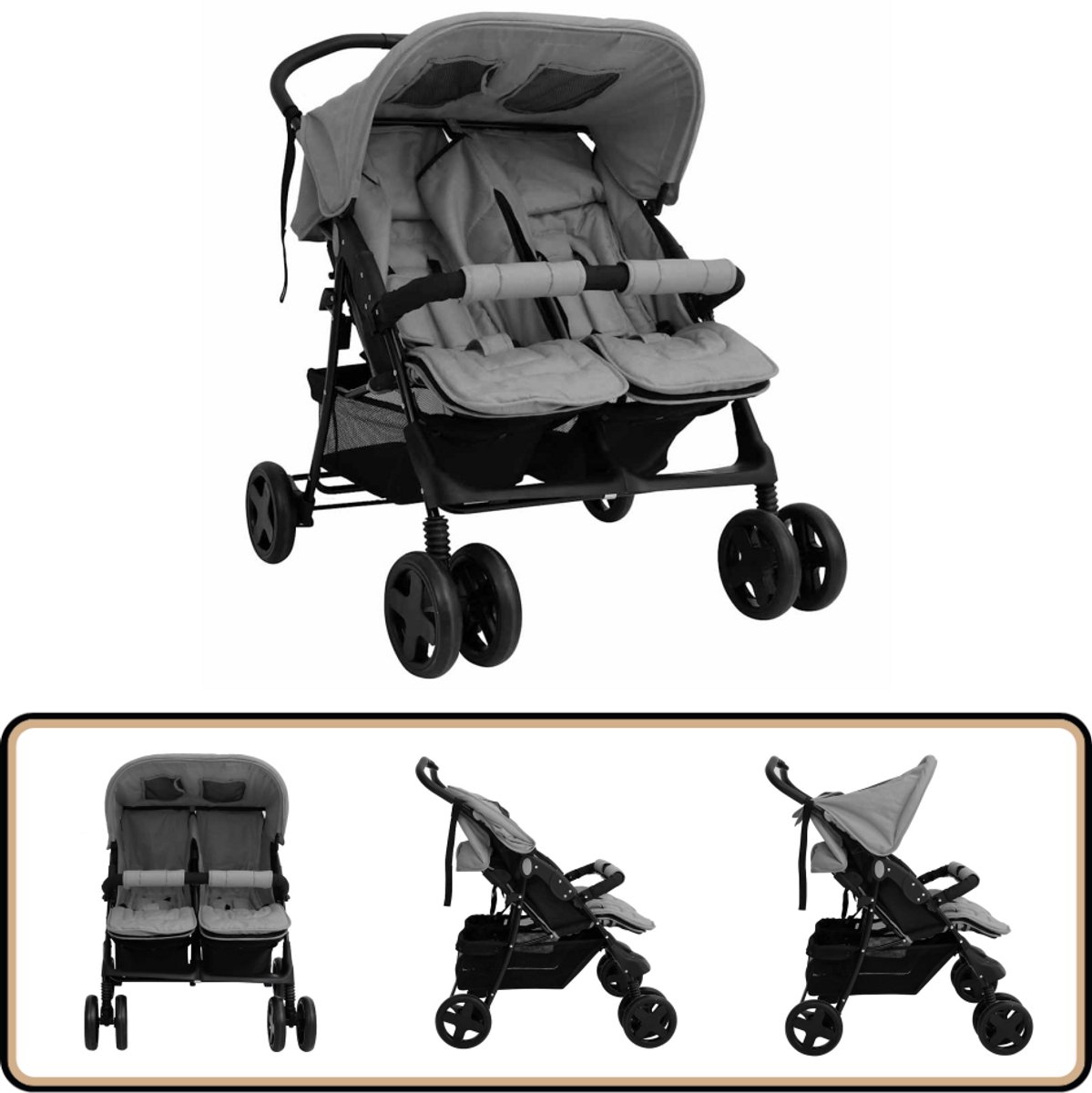 The Living Store Tweelingwagen Staal - 80 x 96 x 104 cm - Lichtgrijs