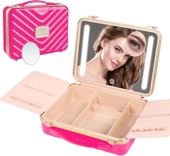 Kalolary Beauty Reiskoffer met led-spiegel, make-uptas voor op reis, met 3 verlichtingsmodi, draagbaar, professioneel, cosmeticakoffer, Geel, Cosmetische tas