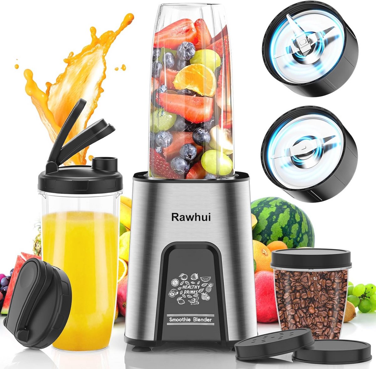 Mini Blender voor Smoothies en Babyvoeding, 800 W Krachtige Mixer met 2 To-Go Bekers