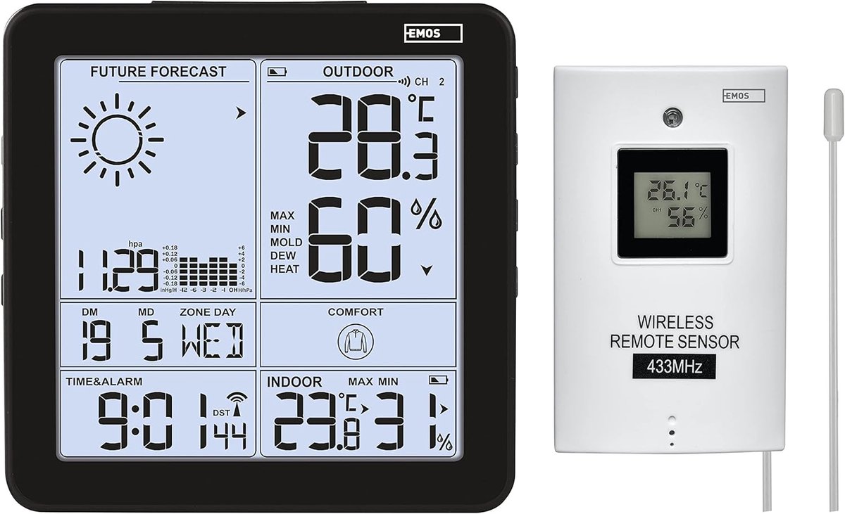 Draadloos Weerstation voor Binnen- en Buitentemperatuur met Weersvoorspelling en Radioklok