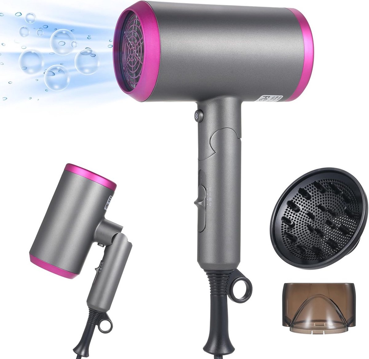 Inklapbare Haardroger 1800W Ionen met Diffuser en Concentrator – Ideaal voor Thuis en Reizen