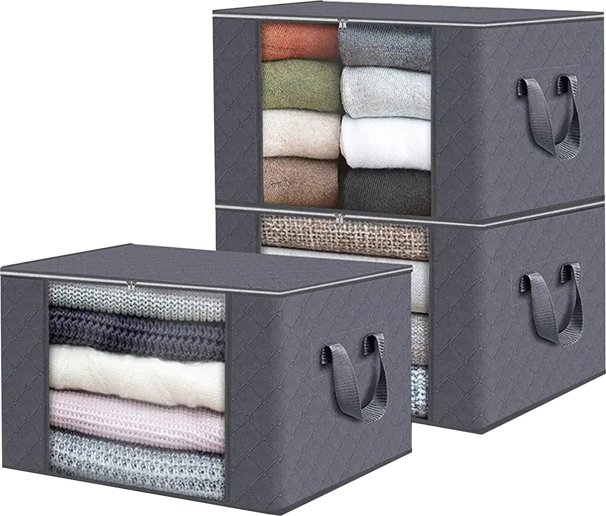 DIVERZA Opbergtas met Rits - Opbergzak Dekbed - Opbergers Organizer - Opbergzakken Kleding - Opbergtassen Speelgoed - Grijs - 3 stuks