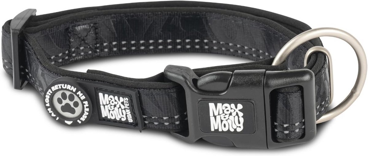 Hondenhalsband met Smart ID Veiligheidshanger - Matrix 2.0 Zwart - Gevoerd en Reflecterend voor Comfort