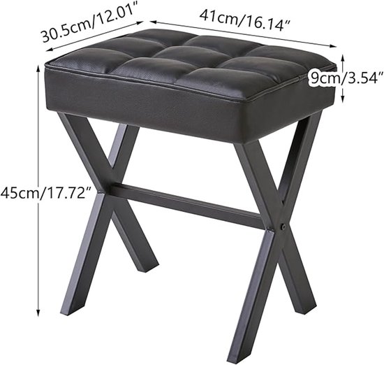 IBUYKE Vierkante make-upkruk met X-poot voetsteun, PU voetsteun, Ottomaanse zitmeubelkruk, multifunctioneel als kleine bijzettafel, voor slaapkamer, woonkamer, zwart, L/G-71B