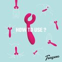 Fuchsia vibrator op een lichtblauwe achtergrond met uitlegillustraties over hoe het product te gebruiken.