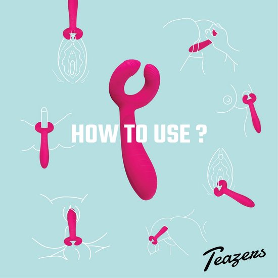 Fuchsia vibrator op een lichtblauwe achtergrond met uitlegillustraties over hoe het product te gebruiken.