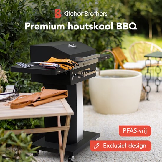 KitchenBrothers Houtskool BBQ - Barbecue Staande Grill - met Wielen - RVS Grillrooster - Houtskool Barbecue met Deksel - Zwart van KitchenBrothers — afbeelding 2