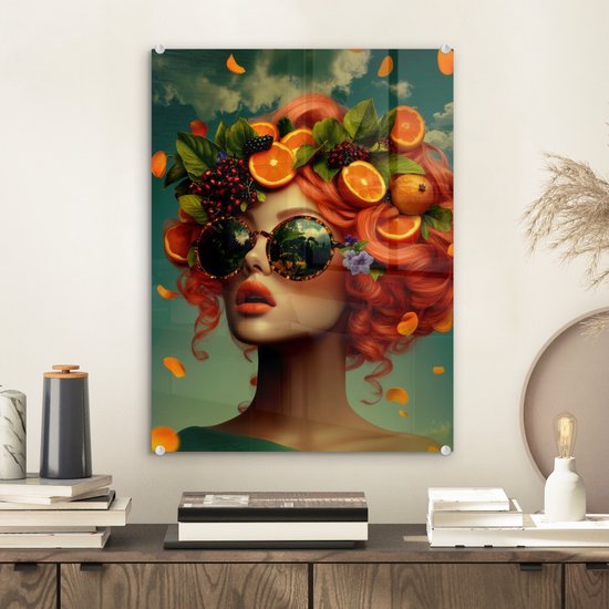 MuchoWow® Glasschilderij 30x40 cm - Schilderij acrylglas - Vrouw - Sinaasappel - Bessen - Oranje - Foto op glas - Muurdecoratie woonkamer - Wanddecoratie slaapkamer - Schilderijen