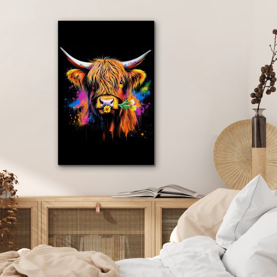 Aluminium schilderij 40x60 cm - Wanddecoratie metaal - Schotse Hooglander - Graffiti - Kleurrijk - Bloem - Dieren - Metalen muurdecoratie woonkamer - Decoratie industrieel - Foto op dibond - Industriële accessoires slaapkamer